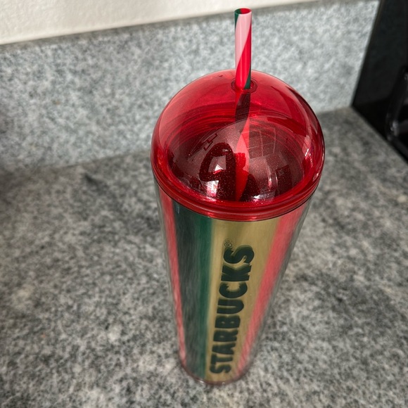 💚NWT❤️Starbucks 2024 Metallic Red, Green & Gold Stripe Cold Cup Dome Tumbler - Picture 3 of 4